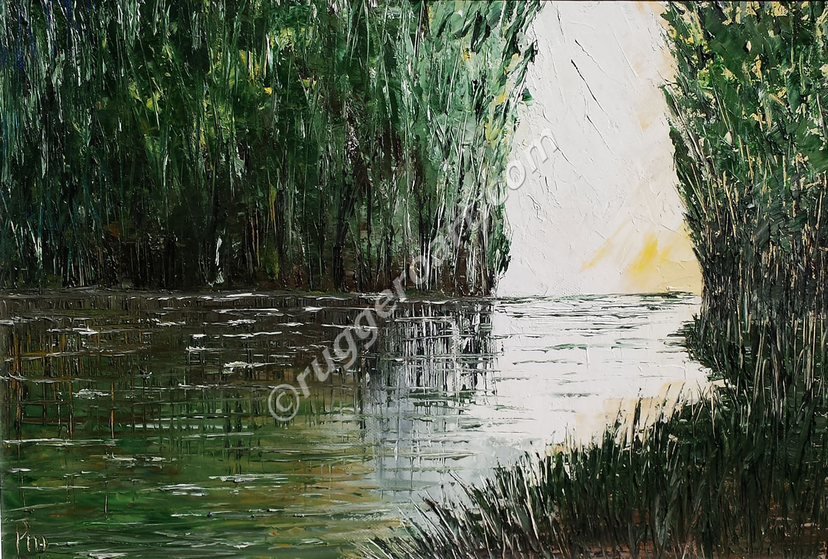 Quadro a olio The Rain Forest di Ruggero Ruggieri, foresta pluviale Pantanal a spatola, pittura materica verde.