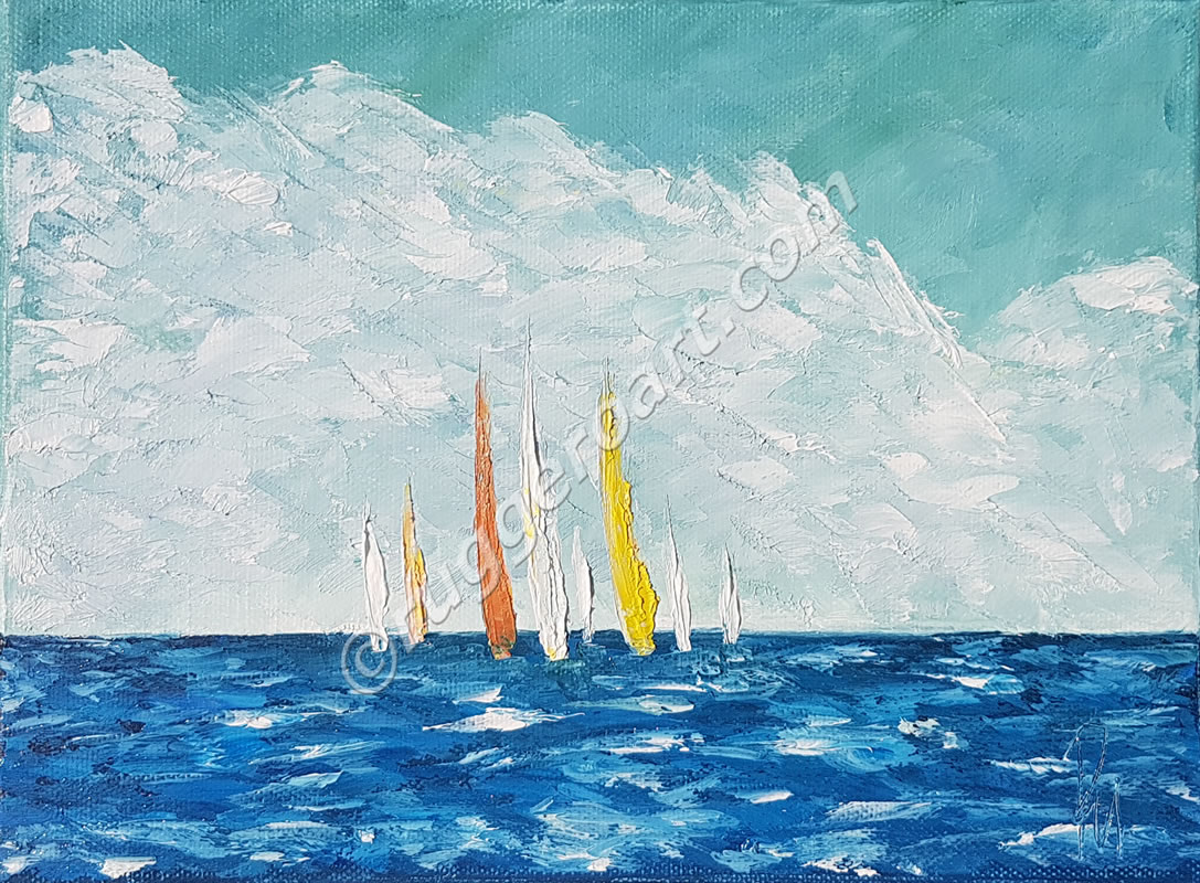 Quadro a olio Vele stilizzate 5 di Ruggero Ruggieri, vele colorate arancioni e gialle a spatola, pittura materica 18x24.
