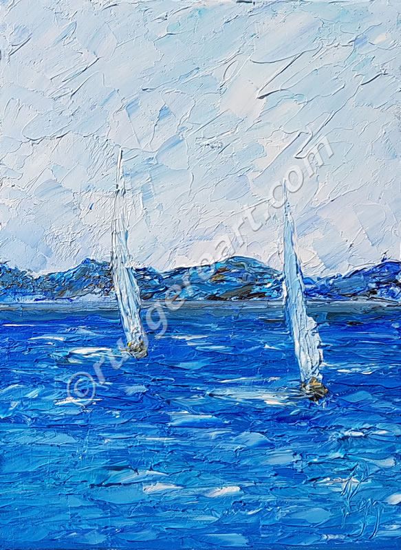 Quadro a olio Vele stilizzate 2 di Ruggero Ruggieri, marina invernale a spatola, pittura materica verticale 24x18.